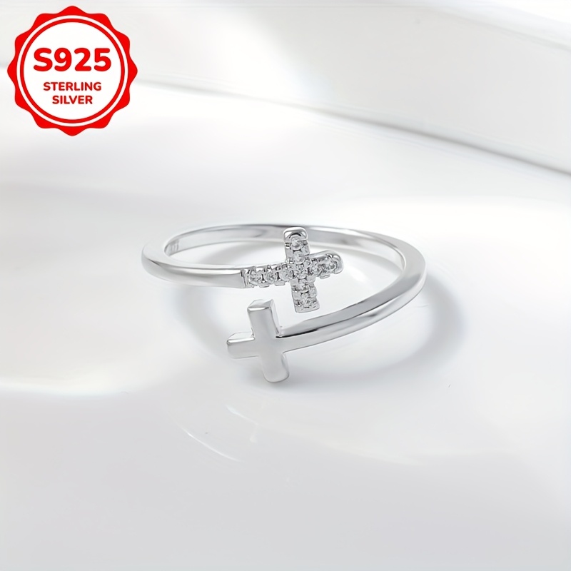 Silver Double Cross Zirconia Women's Adjustable Ring